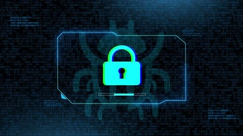 Glowing padlock icon over digital code representing cybersecurity and data protection