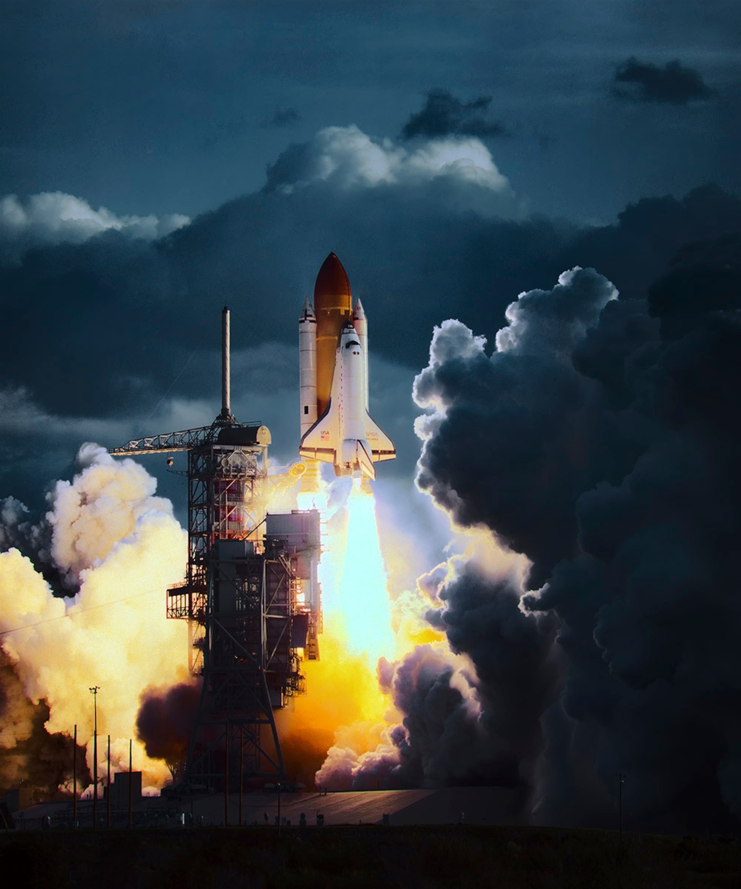 Rocket launching into space with dramatic clouds of exhaust and fire