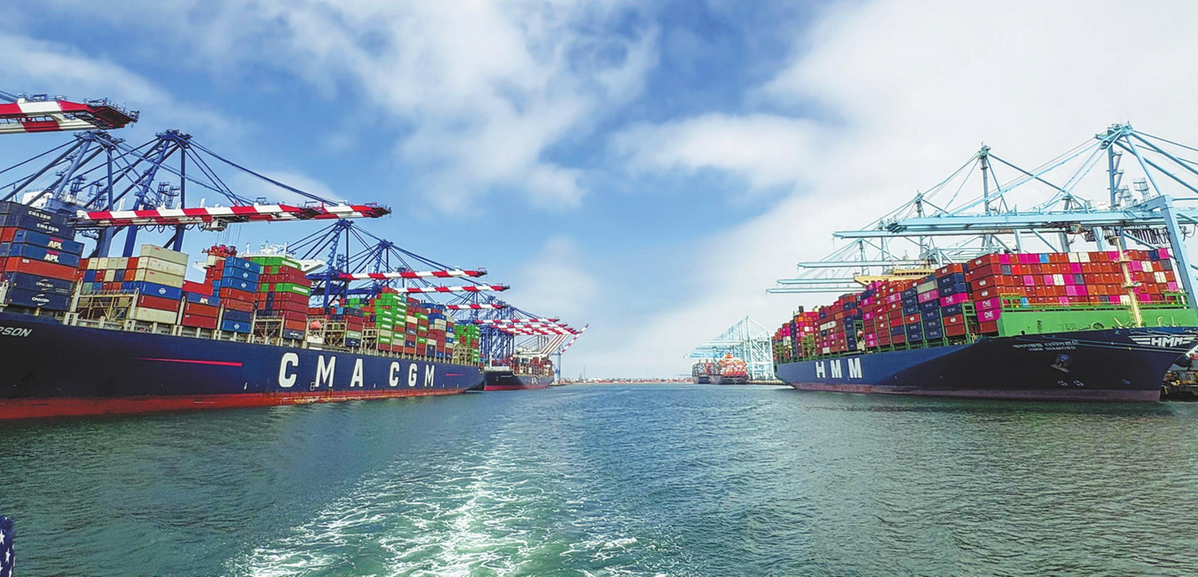 Container ships loaded with cargo at a busy international trade port