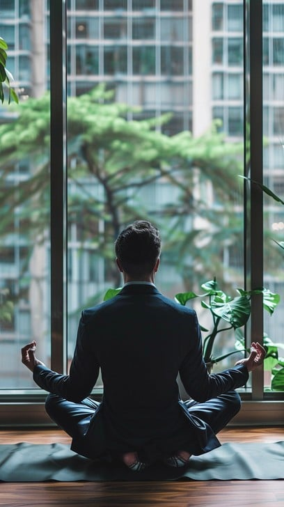 Business professional meditating calmly in a modern office with city view